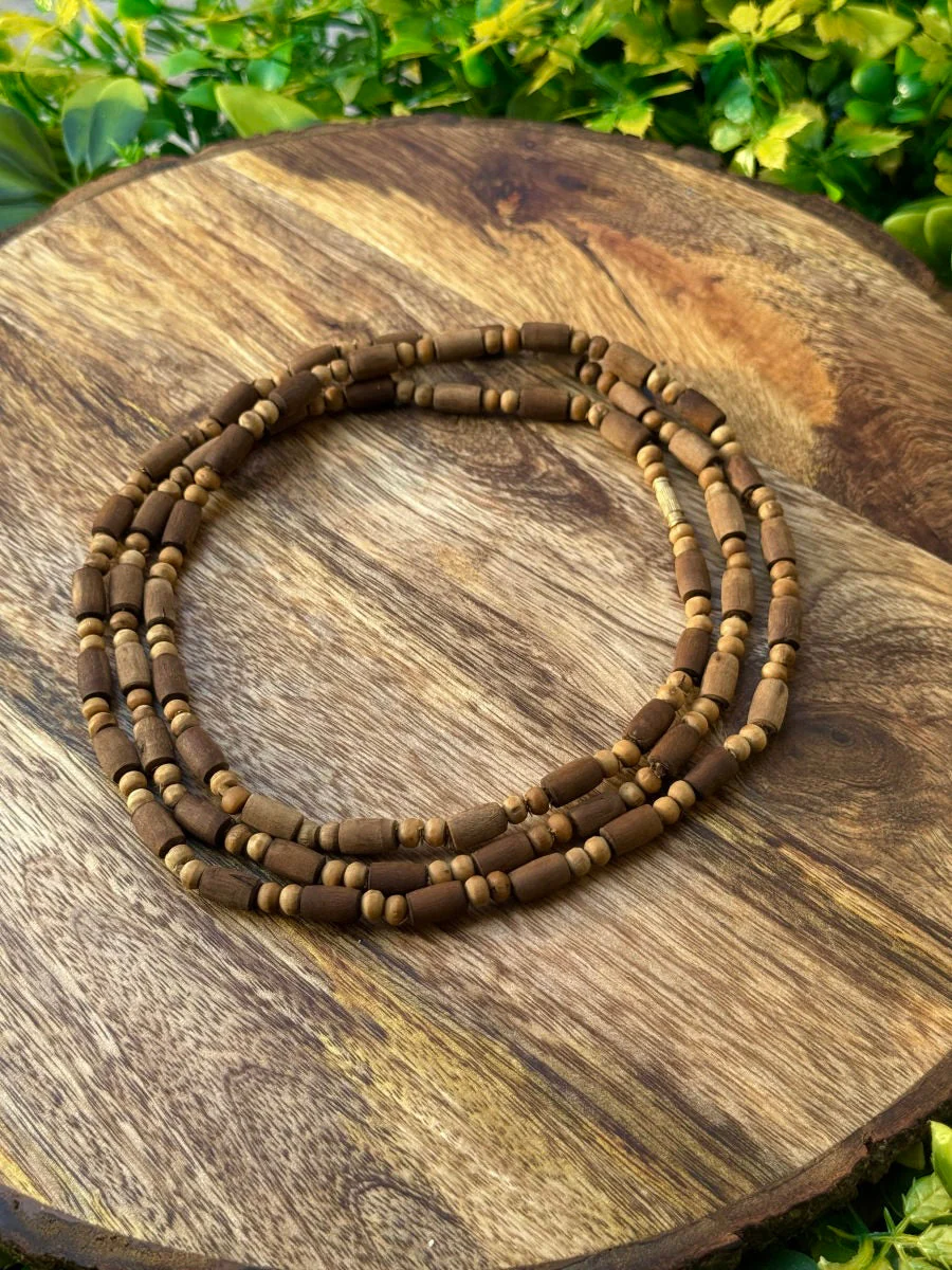 3 Round Brown Original Tulsi Mala(Long+Round Beads Mix)